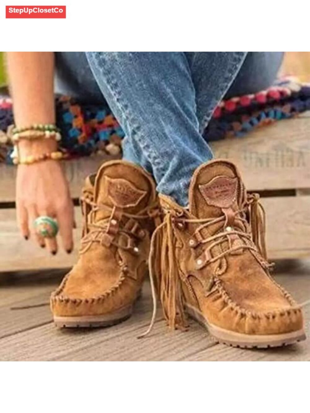 Vintage Fringed Ankle Boots Faux Suede Moc Toe Flat Booties - Picture 6 of 6